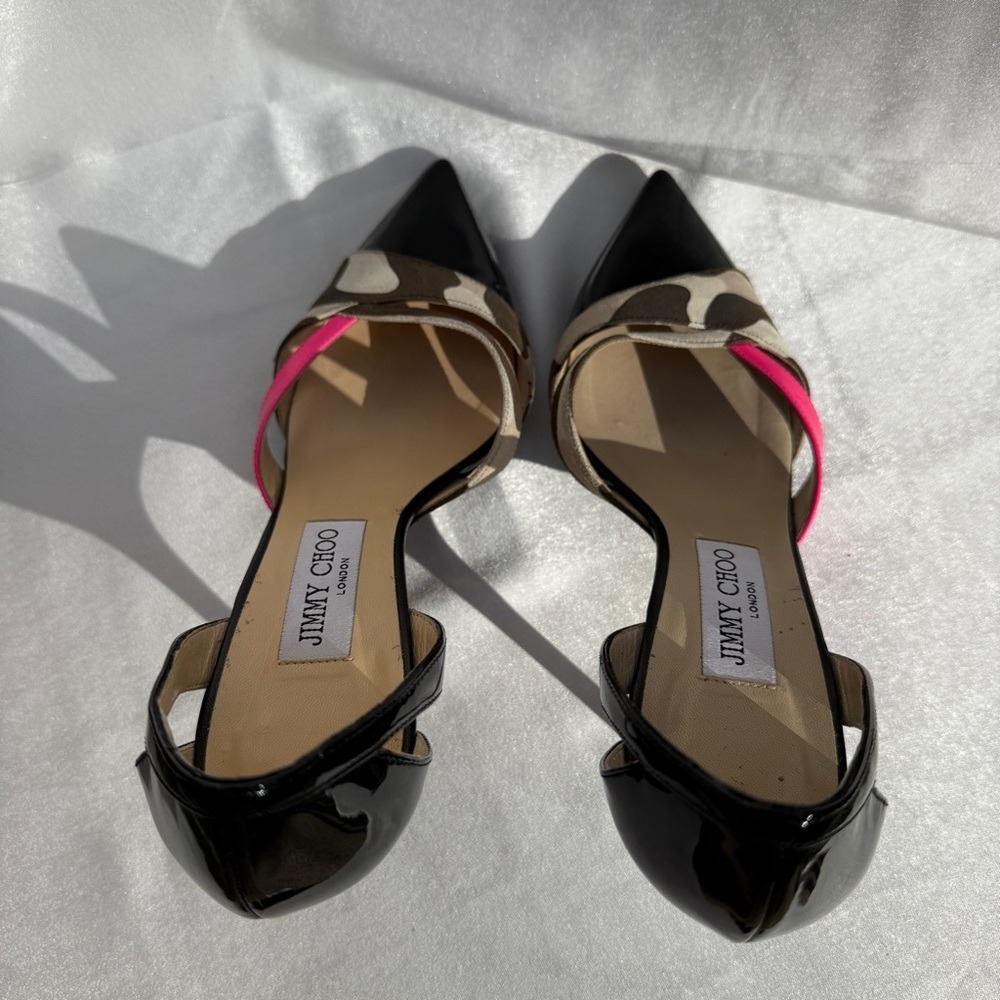 Jimmy Choo Patent Leather Printed D'Orsay Pumps Suede Camo Print Band Size 38 - Picture 4 of 13
